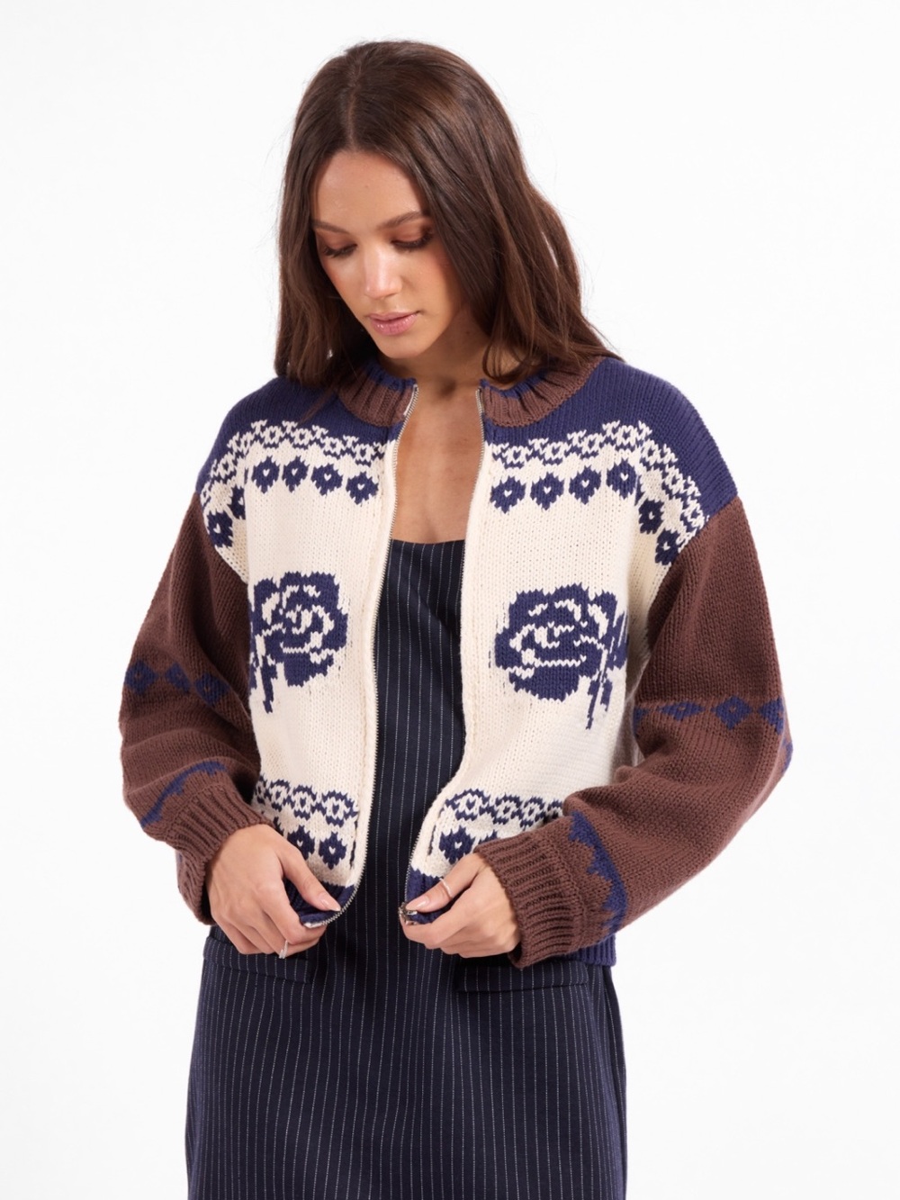 Floral Fair Isle Knit Cardigan - Cream, Brown & Navy